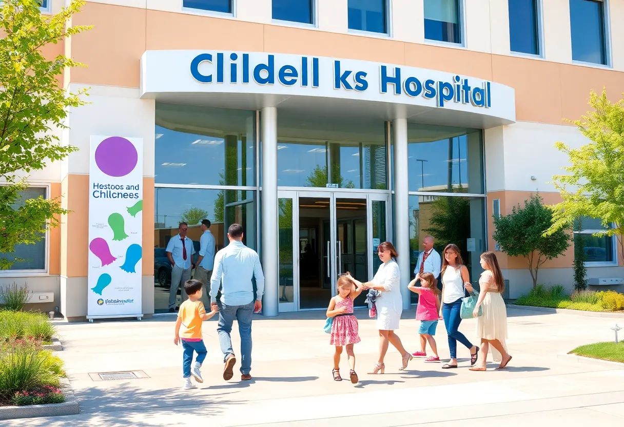 Exterior view of a children's hospital with happy families.