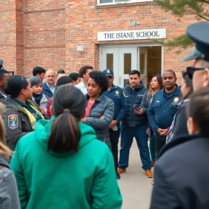 Community members expressing concern outside a school