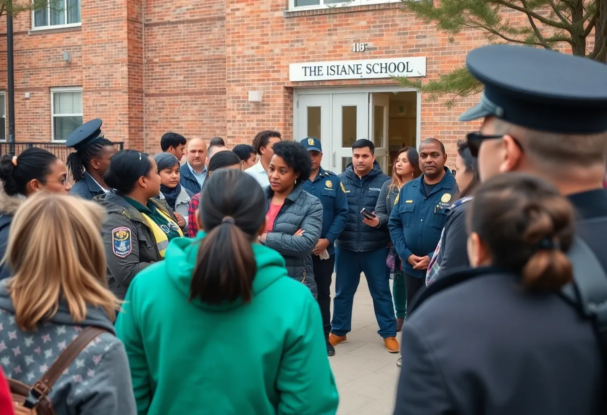 Community members expressing concern outside a school