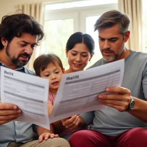 Family examining their utility bill with worry in their home.