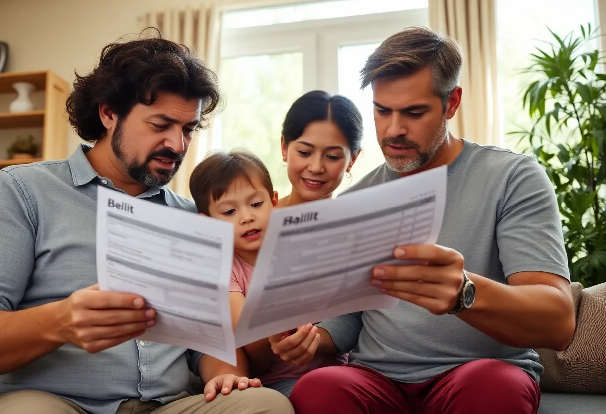 Family examining their utility bill with worry in their home.