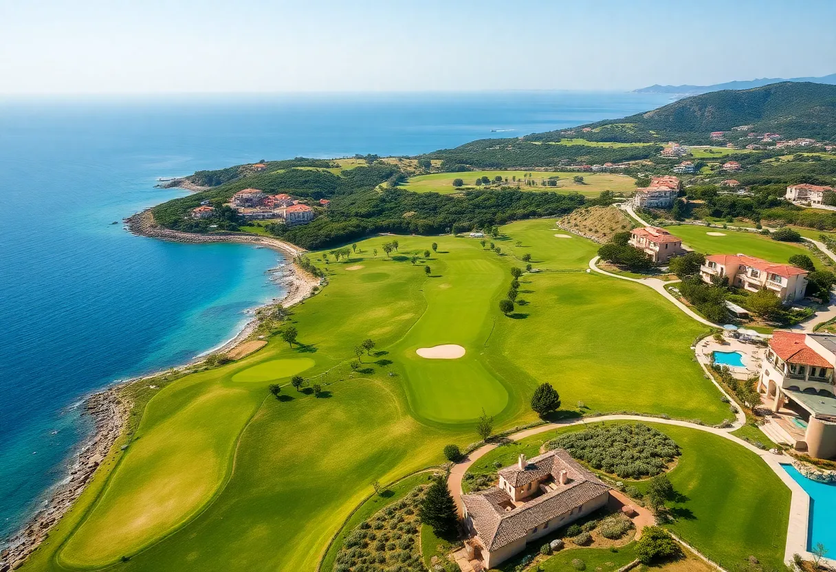 Stunning aerial view of Costa Navarino Golf Resort with beautiful golf courses and Mediterranean landscape.