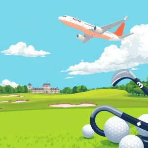 Visual representation of Delta Air Lines and PGA TOUR partnership with airplane and golf course imagery.