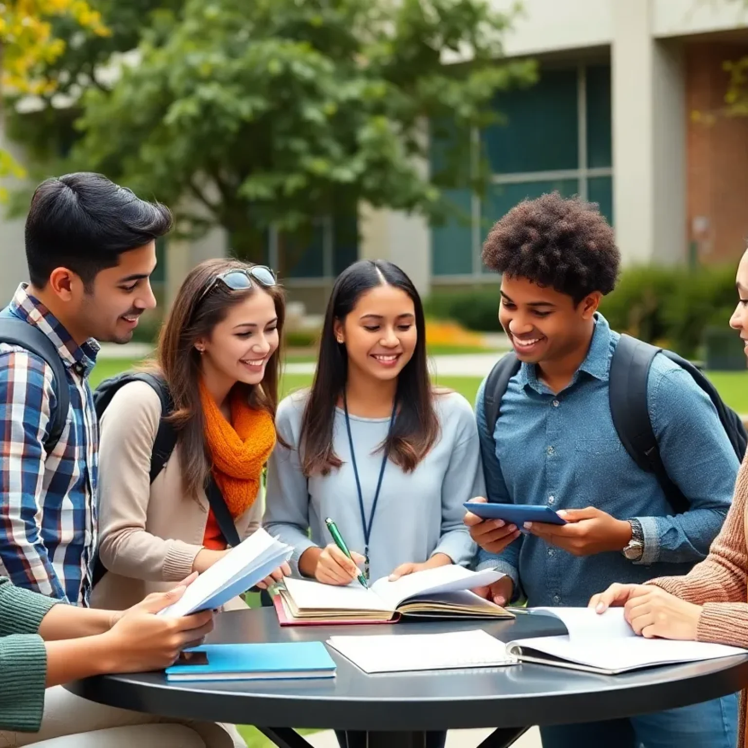 Graduate students of diverse backgrounds studying together on a university campus.