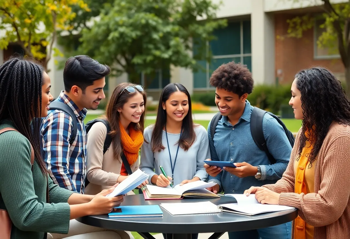 Graduate students of diverse backgrounds studying together on a university campus.