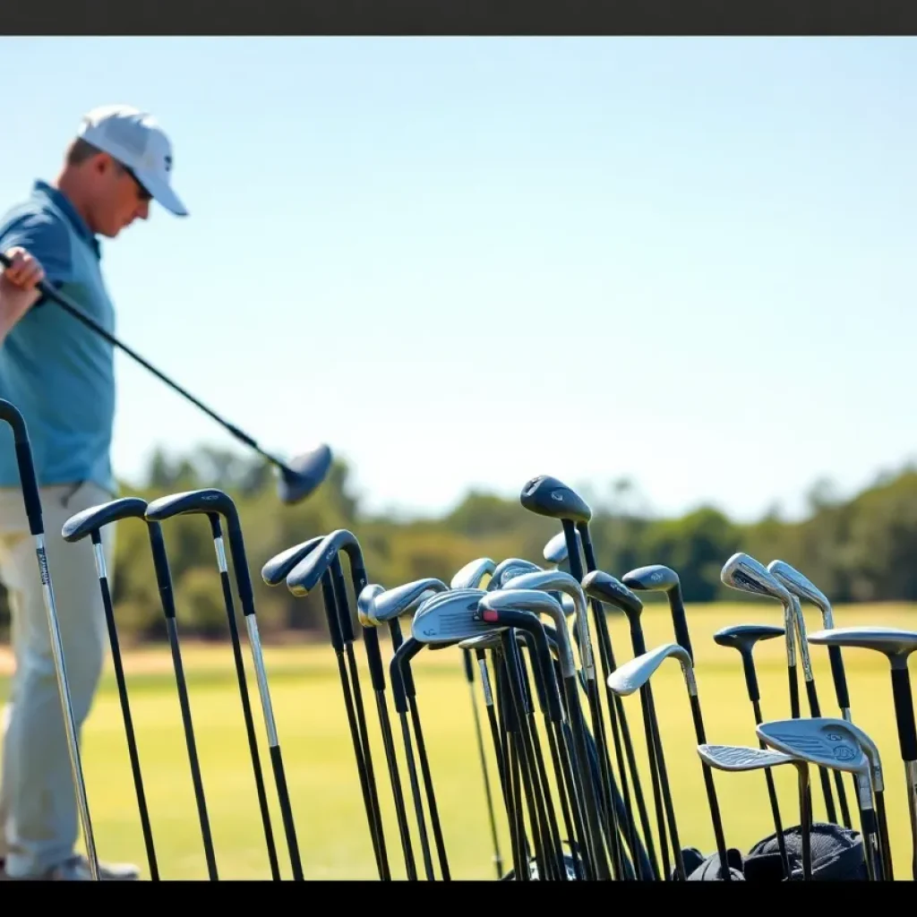 A golfer evaluating various golf clubs in a shop