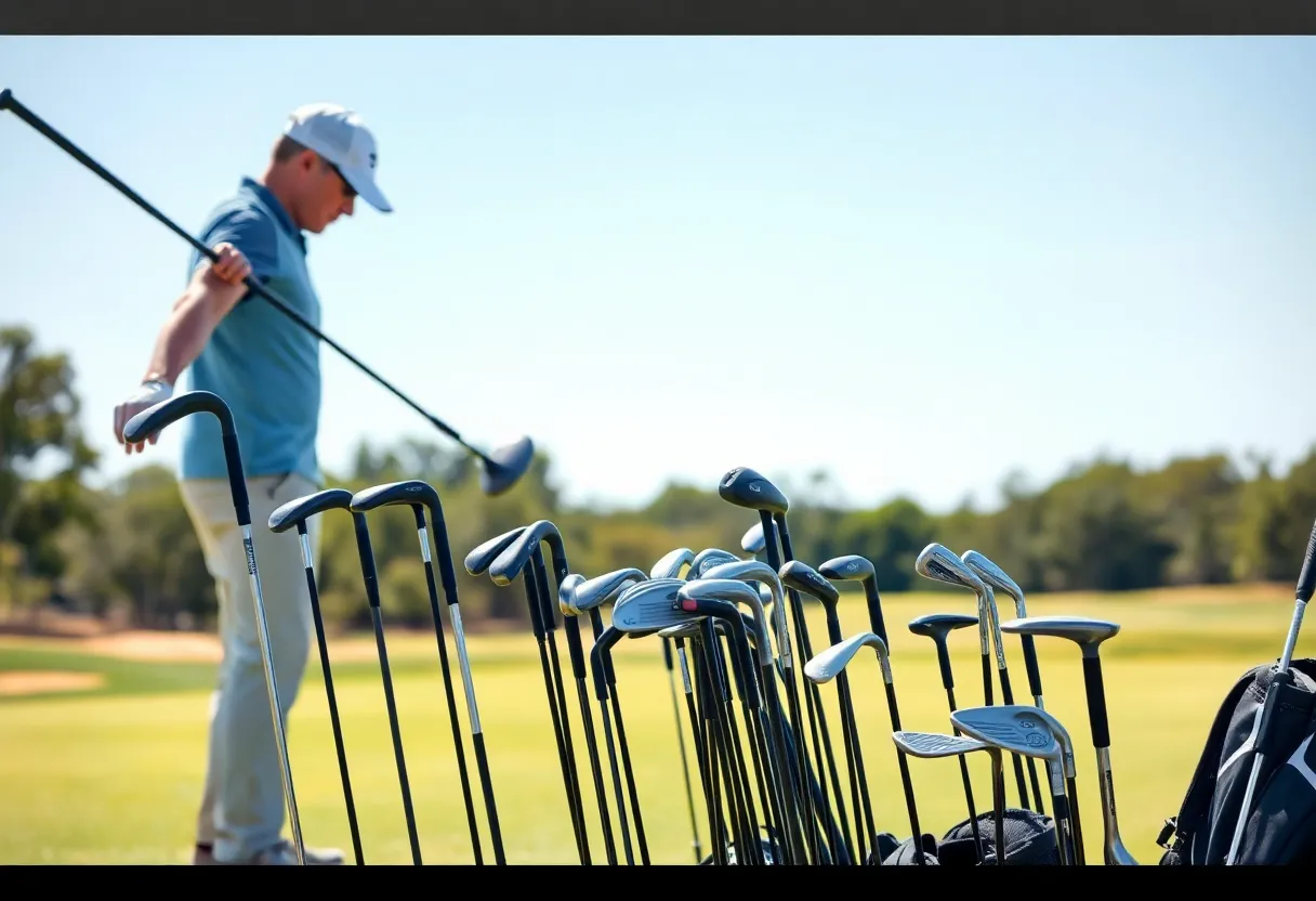 A golfer evaluating various golf clubs in a shop