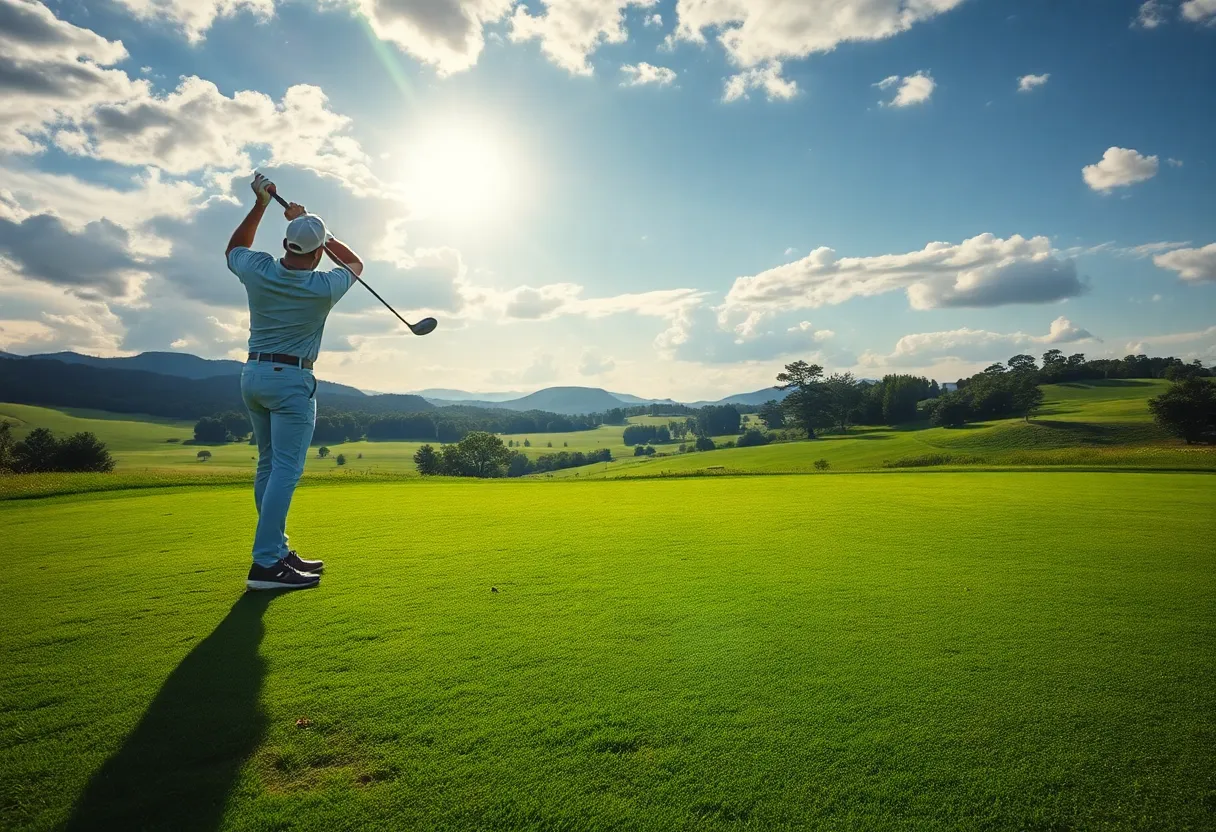 A golfer practicing on a sunny golf course, symbolizing resilience and determination.