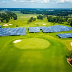 A golf course being converted into a solar energy farm.