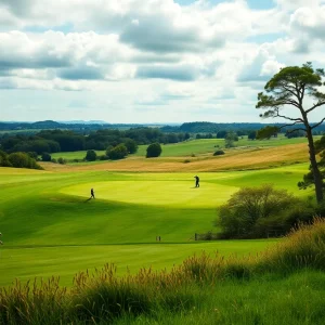 Lush green golf course in the UK at sunset