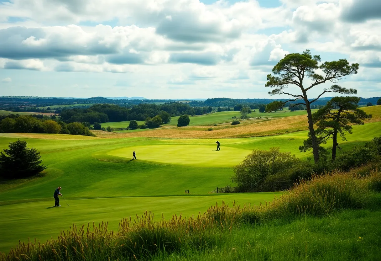 Lush green golf course in the UK at sunset