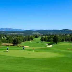 Golf course with golfers enjoying their time in a picturesque setting.