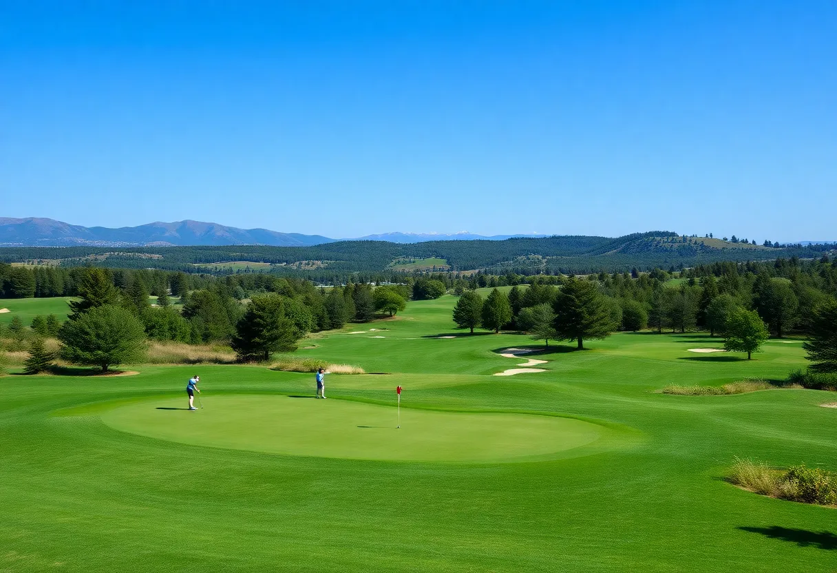 Golf course with golfers enjoying their time in a picturesque setting.