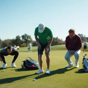 Golfer using the AimPoint green reading system on a putting green