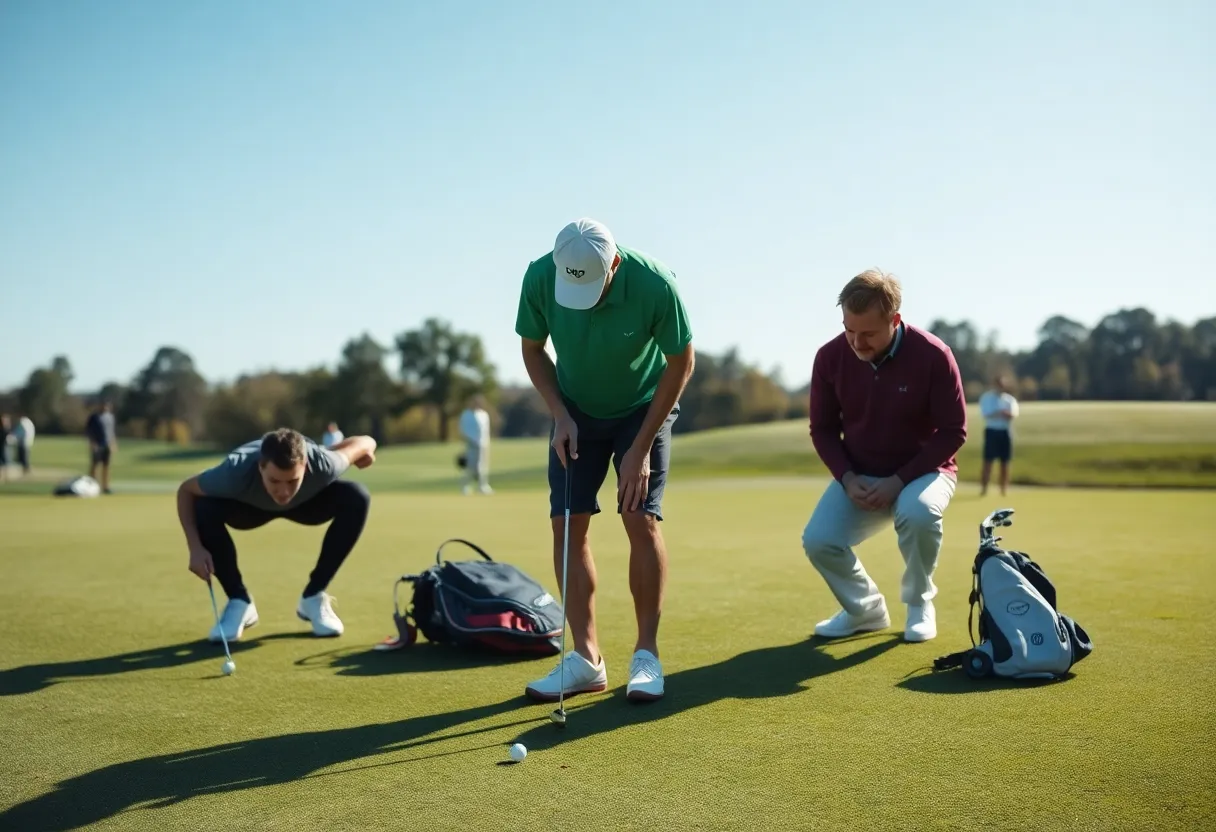 Golfer using the AimPoint green reading system on a putting green