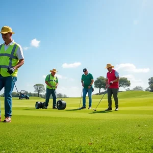 Greenkeepers maintaining a beautifully landscaped golf course