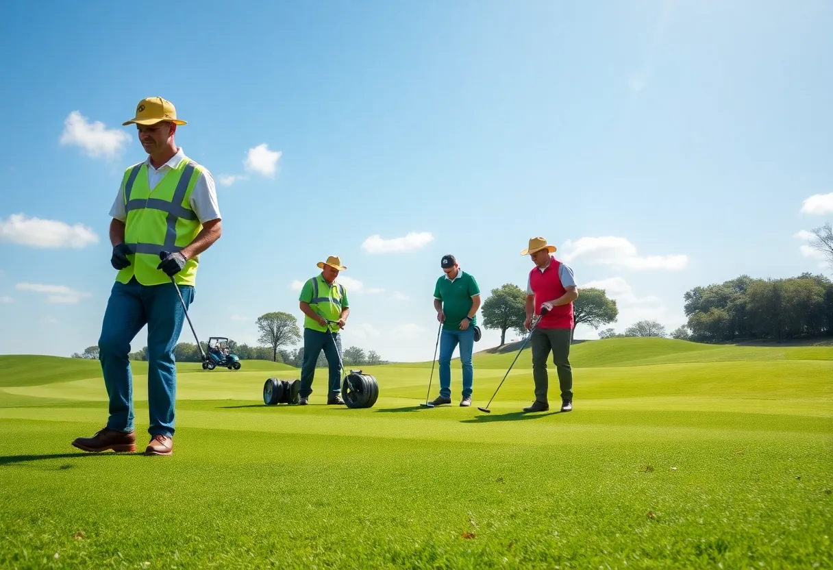 Greenkeepers maintaining a beautifully landscaped golf course