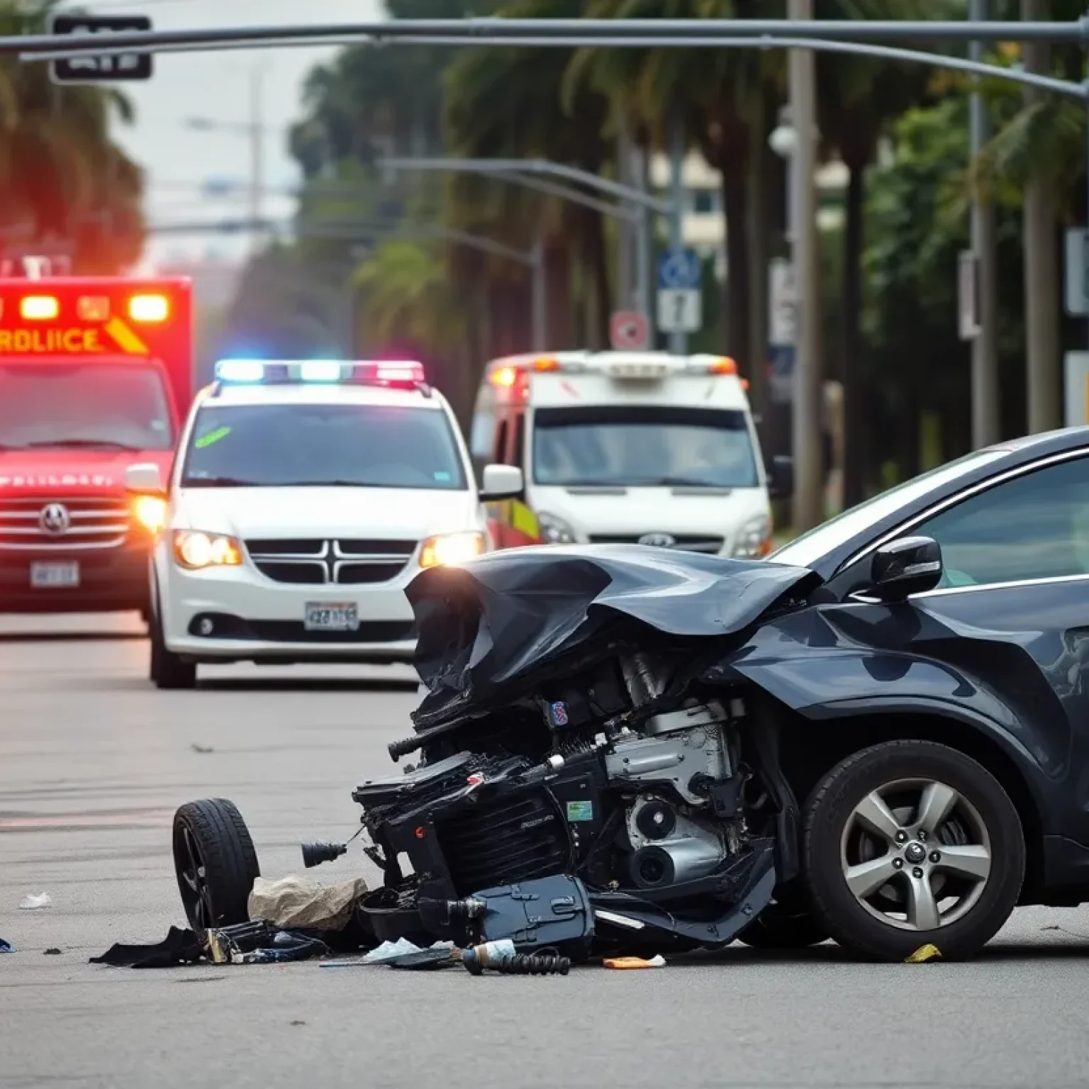 Florida street with emergency vehicles responding to a hit-and-run accident.