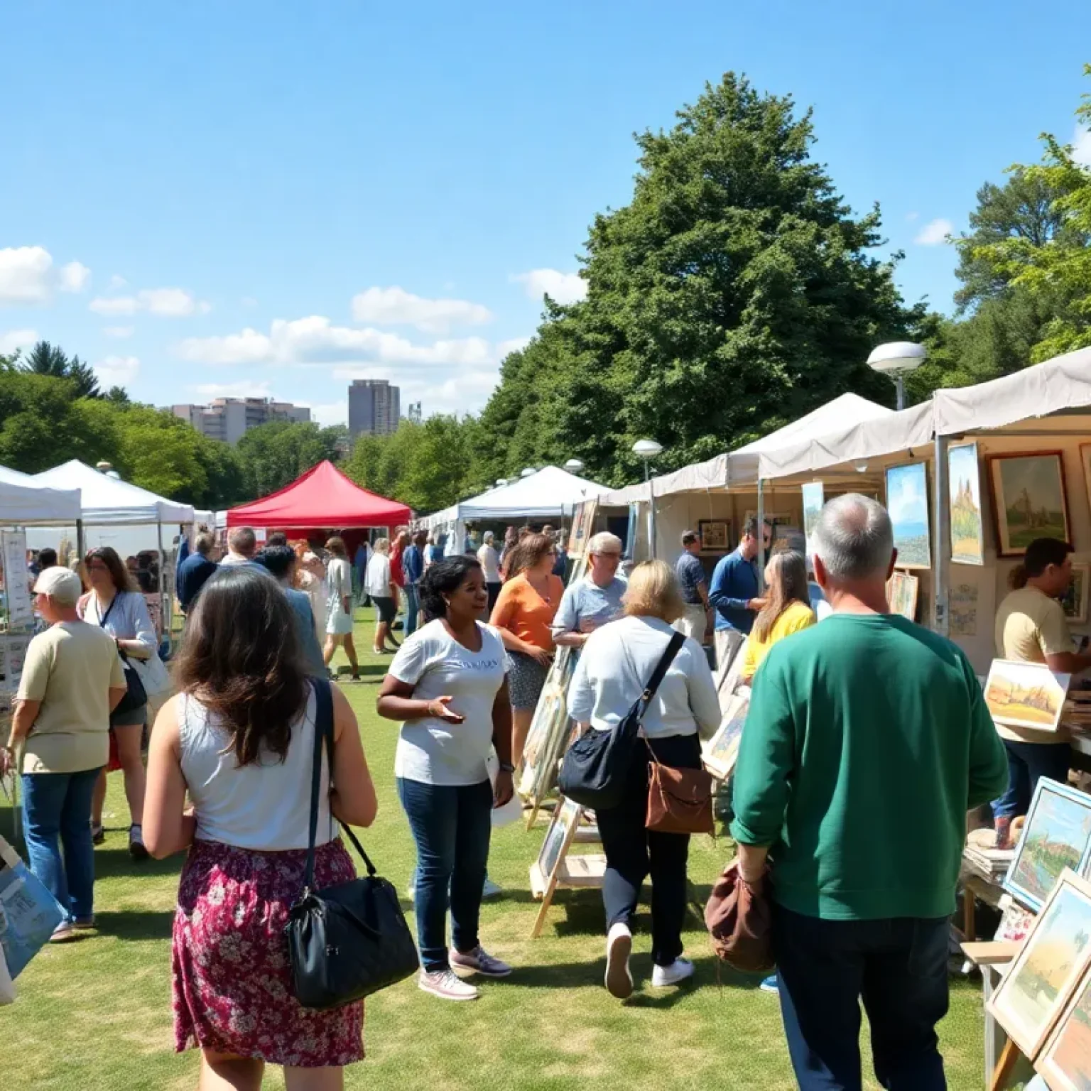 Art fair at Hyde Park Village with various artworks and visitors