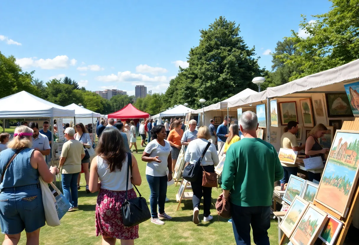 Art fair at Hyde Park Village with various artworks and visitors