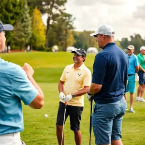 Golfers participating in a vibrant golf tournament on a green course.