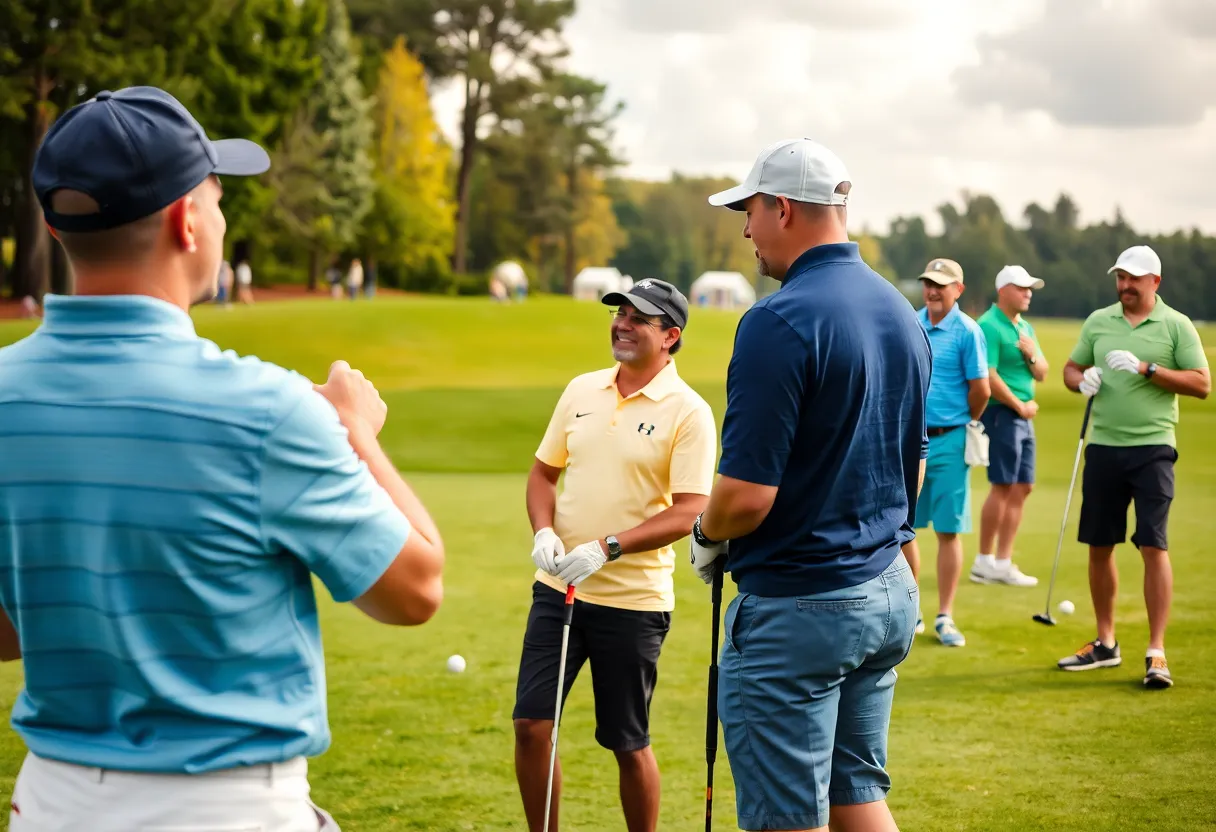 Golfers participating in a vibrant golf tournament on a green course.