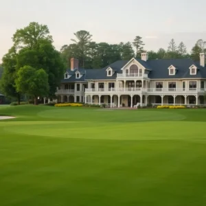 Empty golf course at a luxurious resort under a clear sky