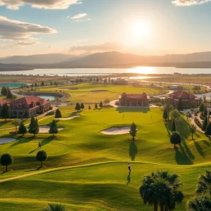 A scenic view of a luxury casino golf course surrounded by green landscapes.