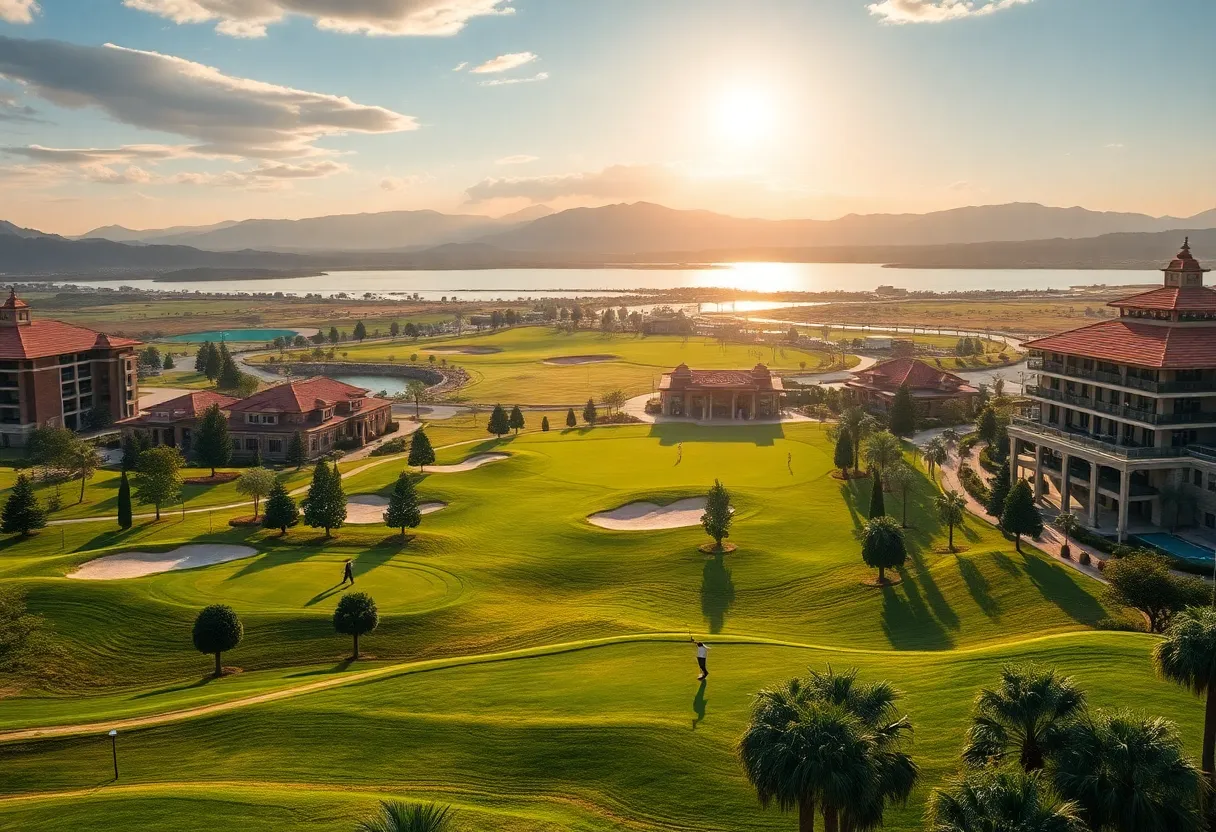 A scenic view of a luxury casino golf course surrounded by green landscapes.