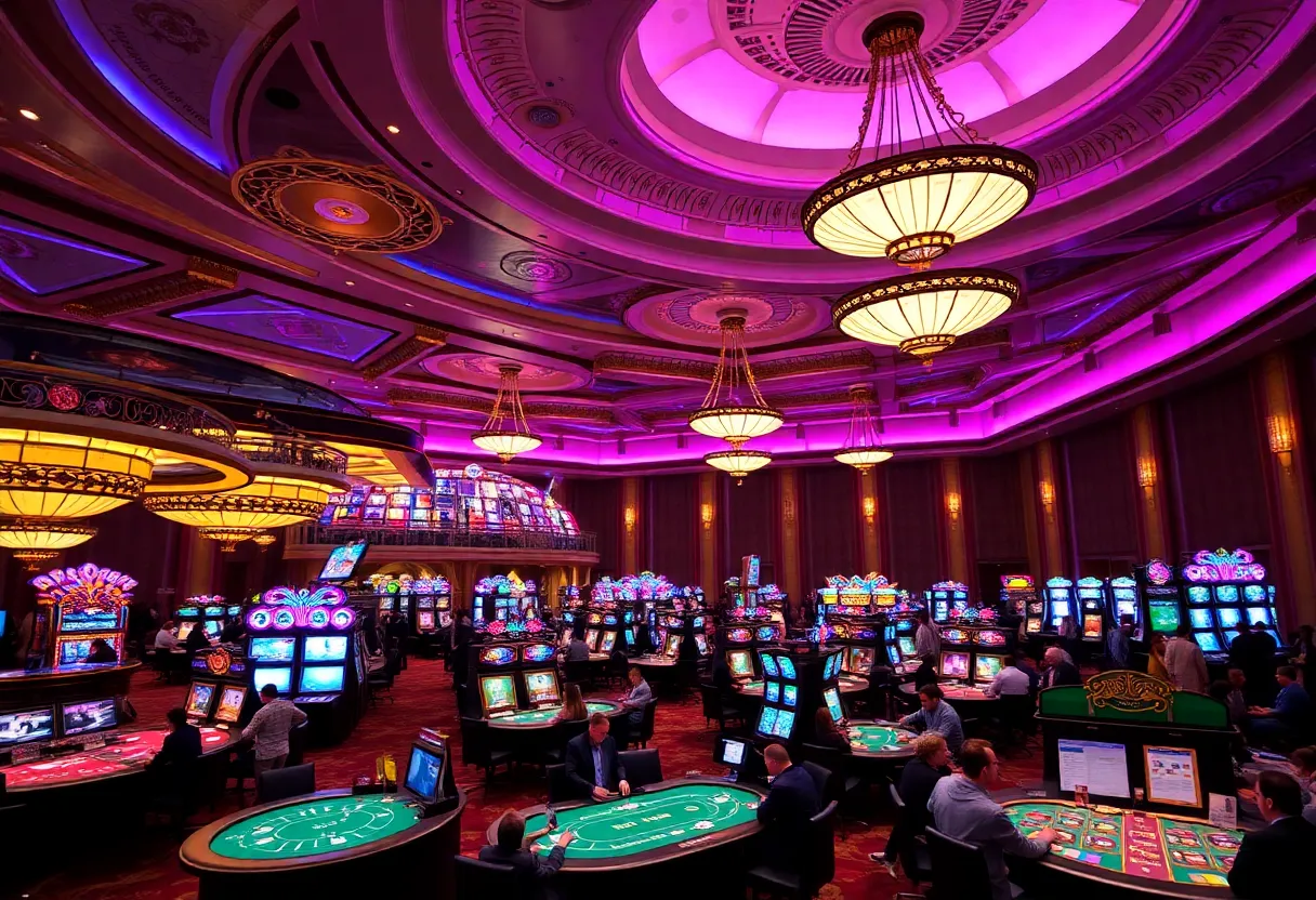 Luxurious casino interior with elegant designs and gaming tables