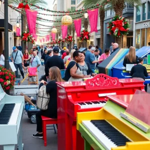 Colorful pianos in downtown Tampa during National Music Month celebrations.