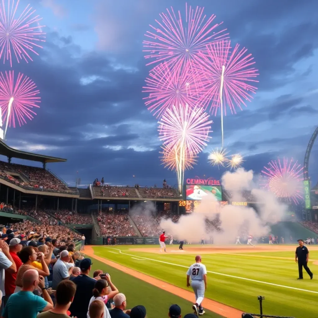 Tampa Bay Rays outdoor home opener celebration with fireworks.