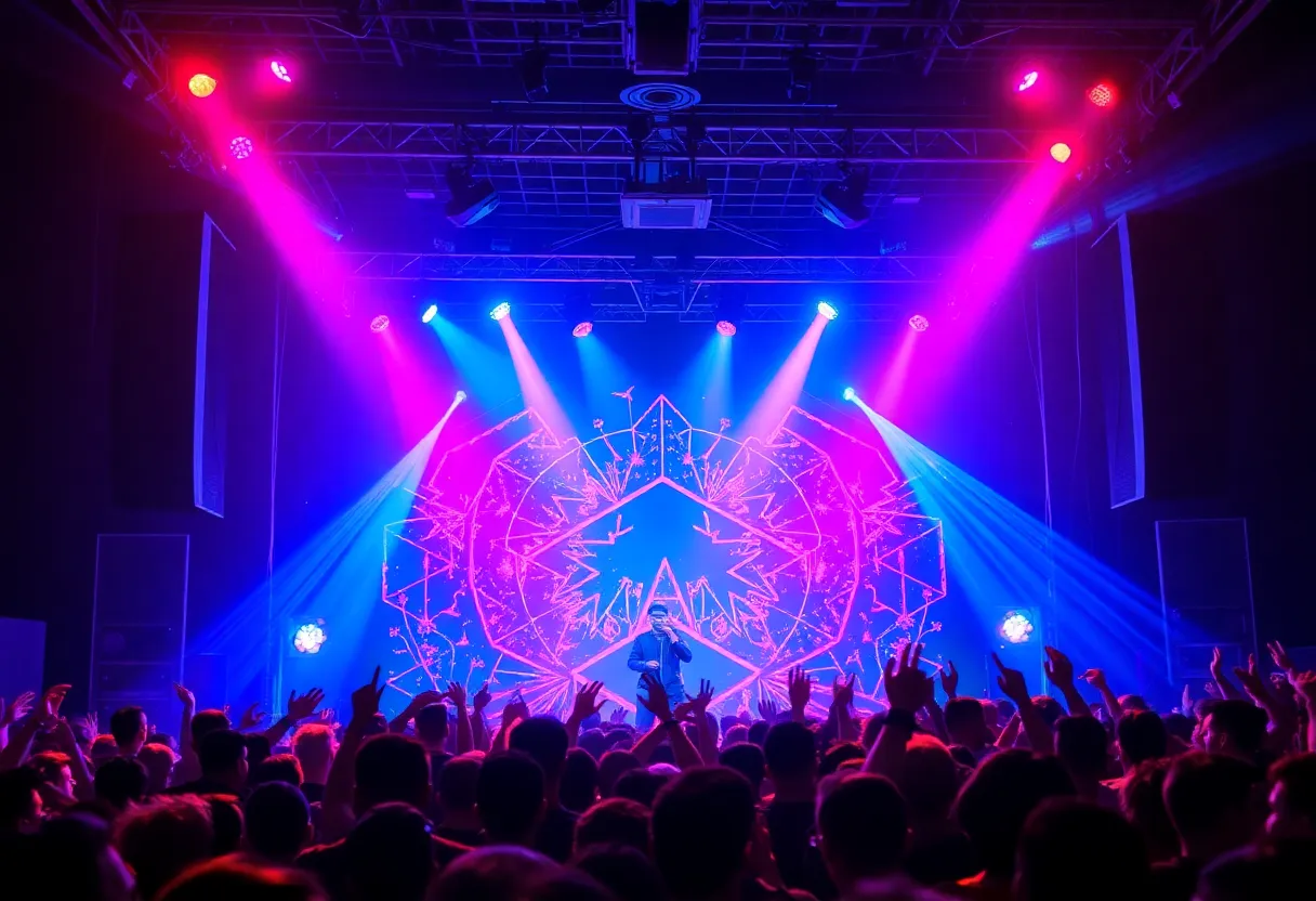 A vibrant concert scene with an enthusiastic audience enjoying a synth-pop performance.