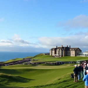 Scenic view of golfers playing at Royal Troon Golf Club