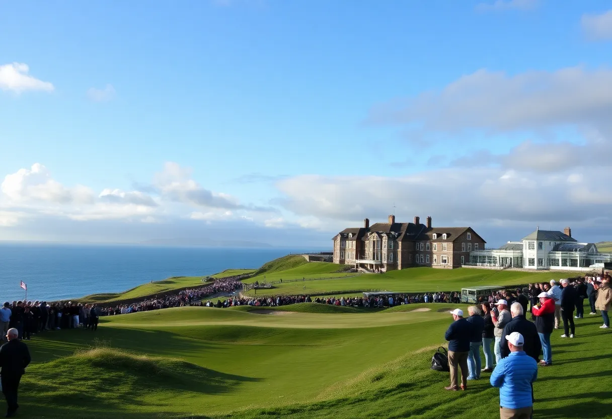 Scenic view of golfers playing at Royal Troon Golf Club