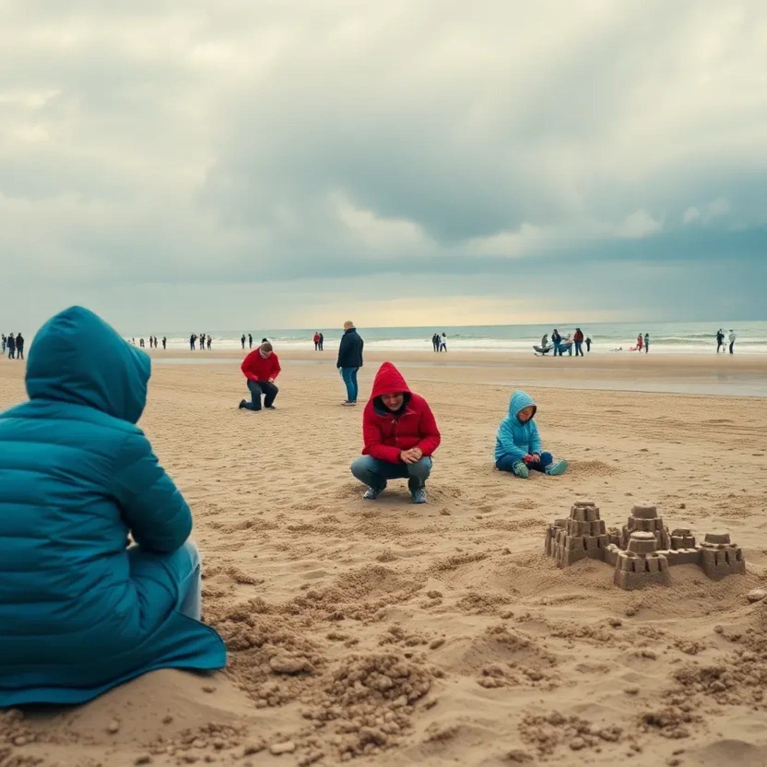 Beachgoers in Florida building sandcastles with cool weather in the background.