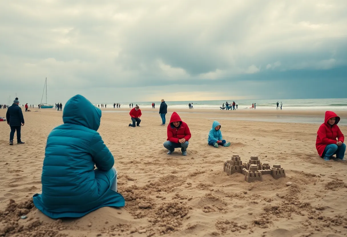 Beachgoers in Florida building sandcastles with cool weather in the background.