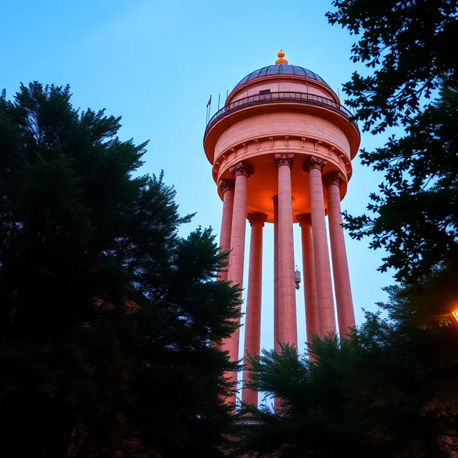 Historical Sulphur Springs Water Tower illuminated at dusk in Tampa