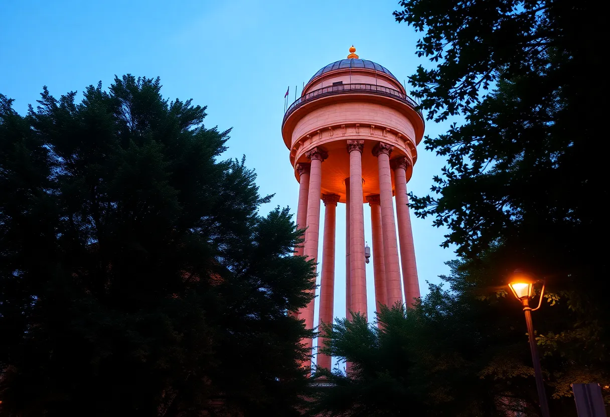 Historical Sulphur Springs Water Tower illuminated at dusk in Tampa