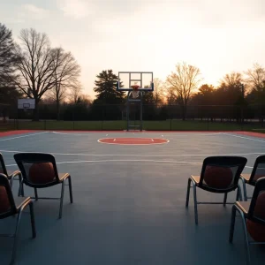 Empty basketball court at sunset