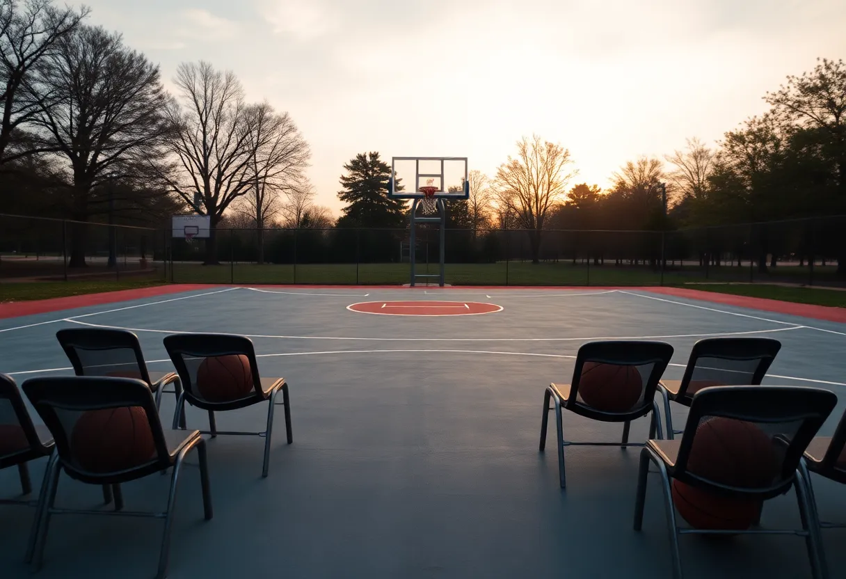 Empty basketball court at sunset