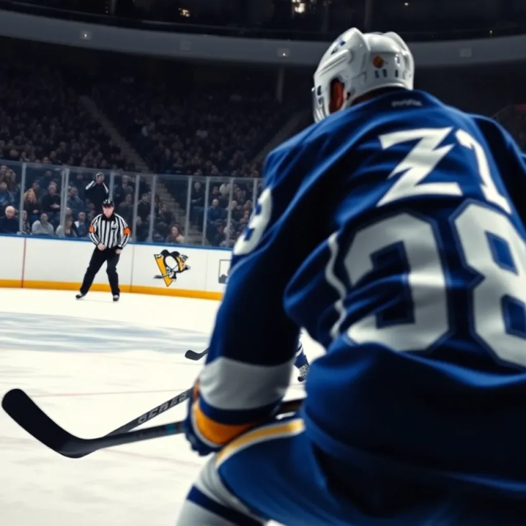 Tampa Bay Lightning player scores a goal against Pittsburgh Penguins
