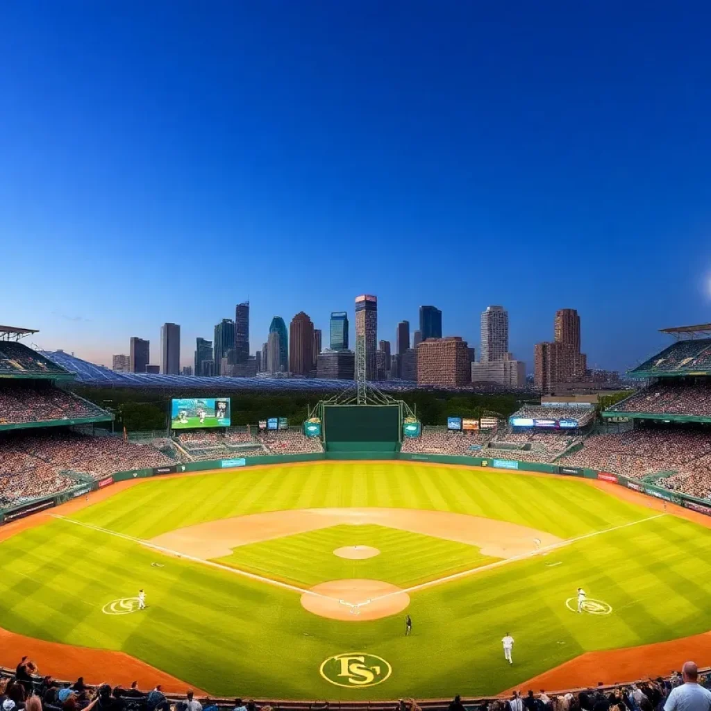 Conceptual illustration of a vibrant baseball stadium for the Tampa Bay Rays, filled with cheering fans.