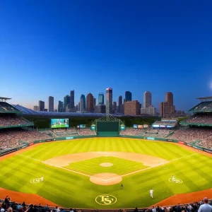 Conceptual illustration of a vibrant baseball stadium for the Tampa Bay Rays, filled with cheering fans.