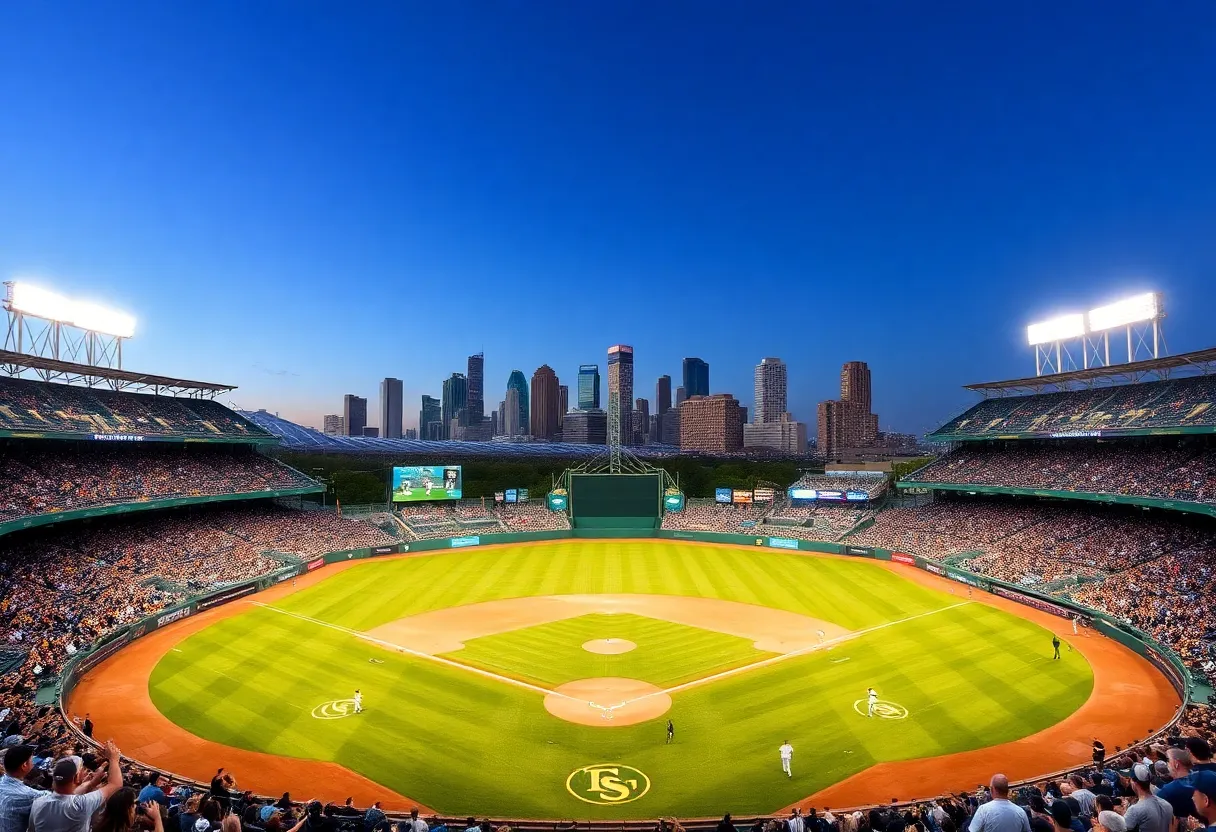 Conceptual illustration of a vibrant baseball stadium for the Tampa Bay Rays, filled with cheering fans.