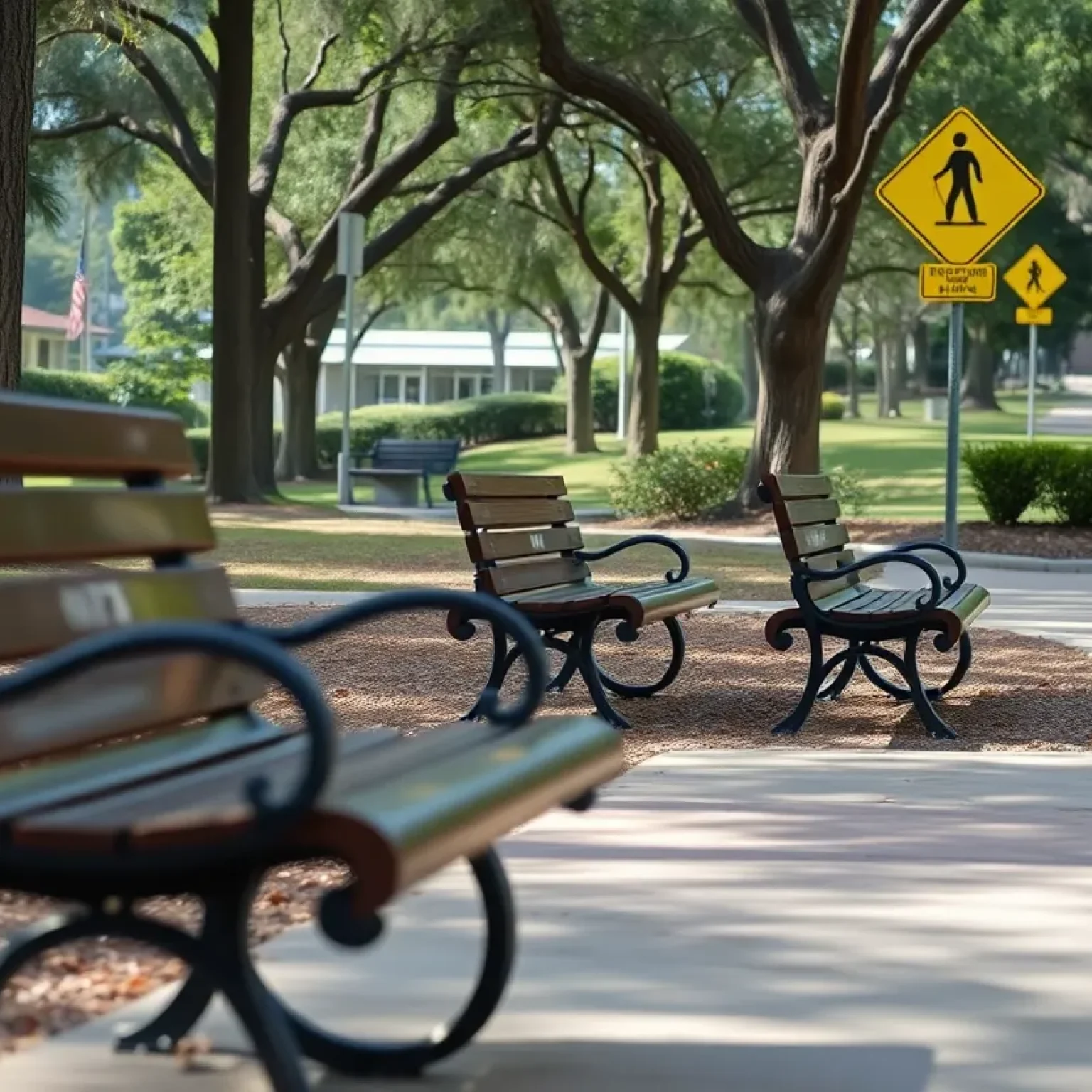 Empty benches in a Tampa park highlighting community safety concerns.