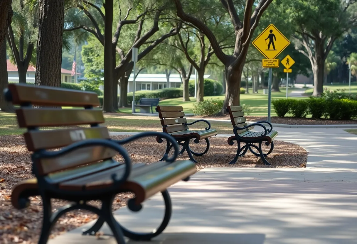 Empty benches in a Tampa park highlighting community safety concerns.