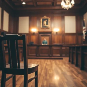 A courtroom setting with empty chairs, symbolizing a trial