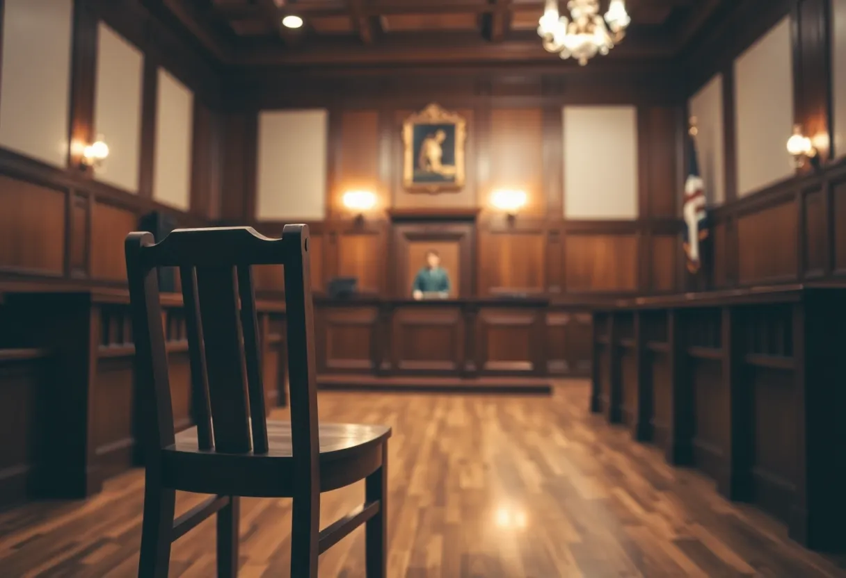 A courtroom setting with empty chairs, symbolizing a trial