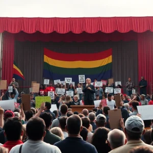 Scene from a Civil Rights Movement play with a crowd protesting for equality